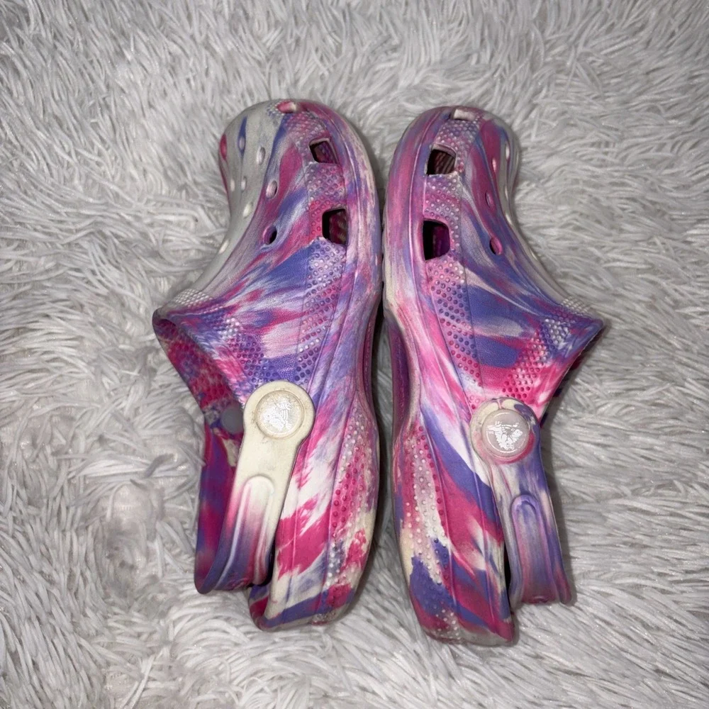 Crocs Tie Dye Marble Clog Sandals Girls Size J1 Pink Purple White
